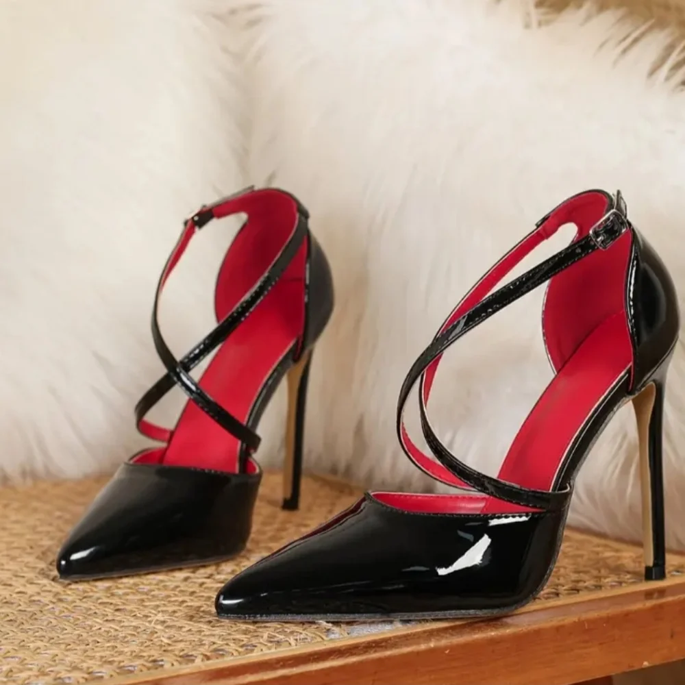 Women Pointed Toe Black Stiletto Heels With Cross-Back Design Size 7 (38) - Picture 2 of 10